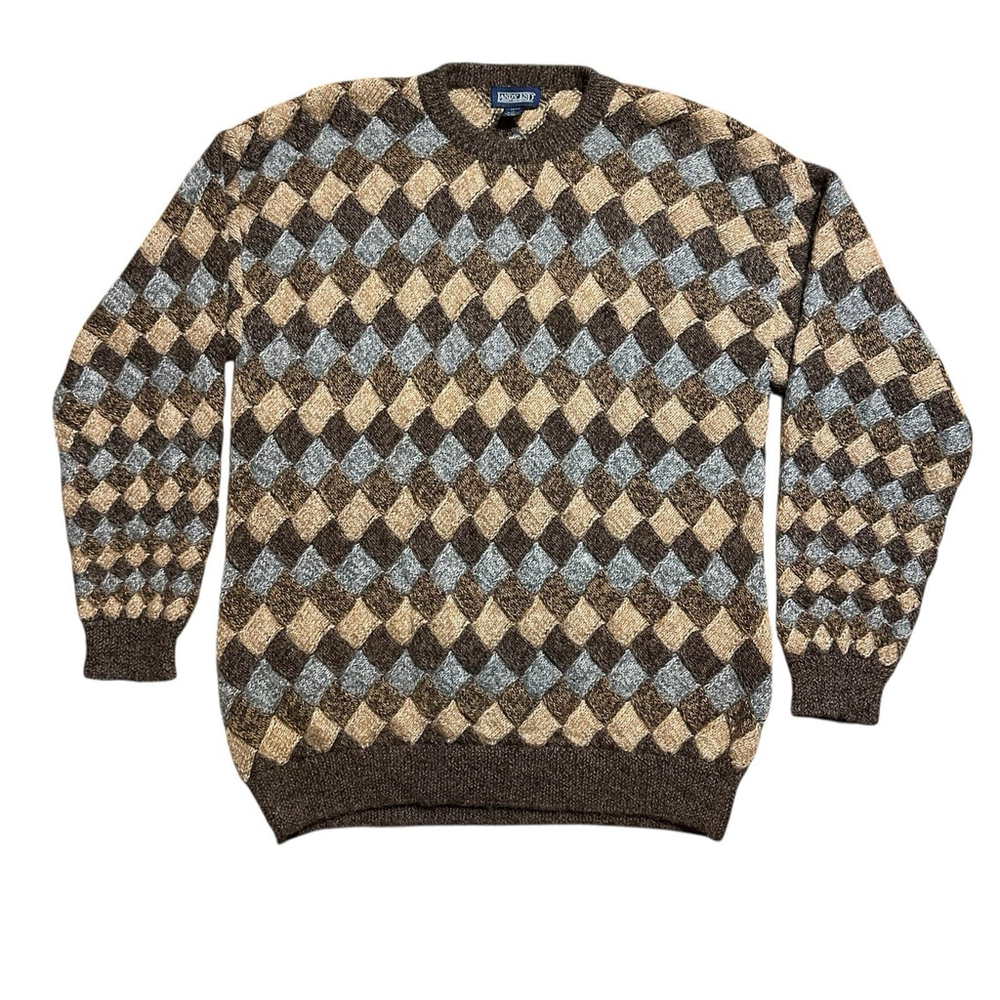 Lands End VTG 100% Alpaca Basket Weave Patchwork Pullover Sweater Blue Brown LG